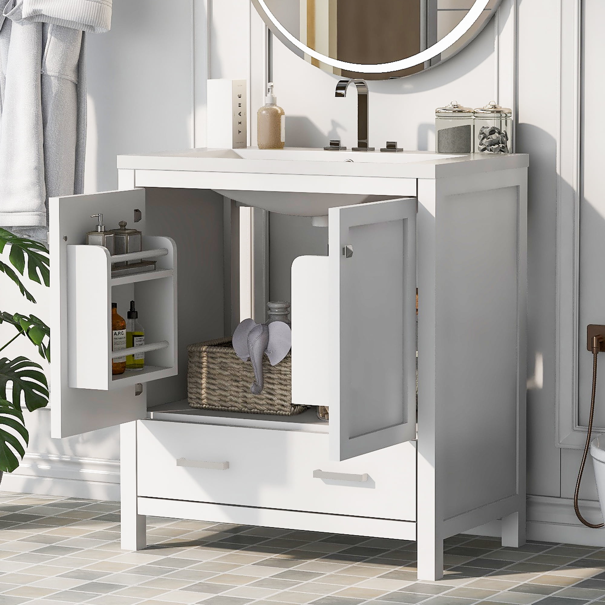 Harper & Bright Designs 30" White Bathroom Vanity with Single Sink, Bathroom Combo Cabinet Undermount Sink with 2 Doors and a Drawer, Soft Closing, Multifunctional Storage, Solid Wood Frame
