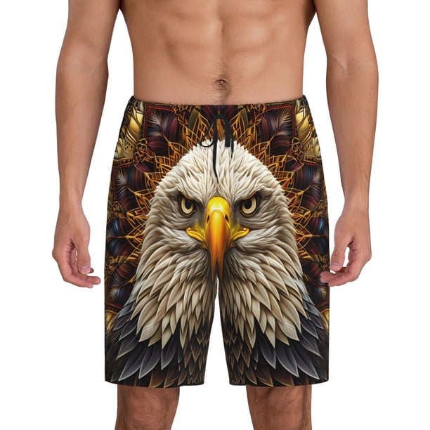 Balery Vintage Pattern Bald Eagle Pantalones cortos de pijama de punto de algodón para hombre con cinturilla y bolsillos-3X-Large
