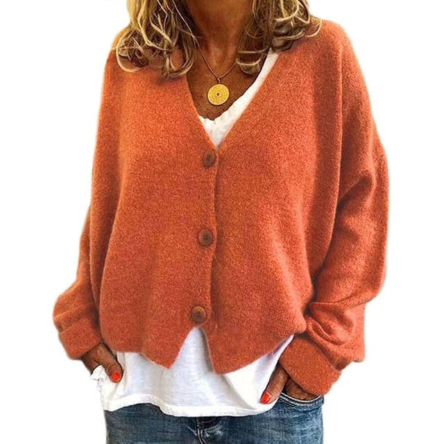 Pull Femme Tricoté Décontracté Col en V Cardigan Couleur Unie