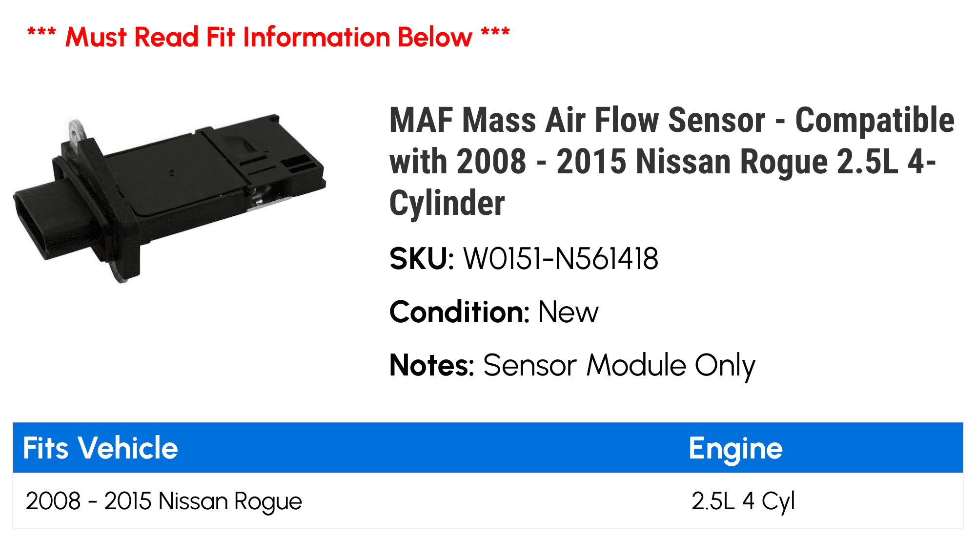 MAF Mass Air Flow Sensor - Compatible with 2008 - 2015 Nissan Rogue 2.5L 4-Cylinder 2009 2010 2011 2012 2013 2014
