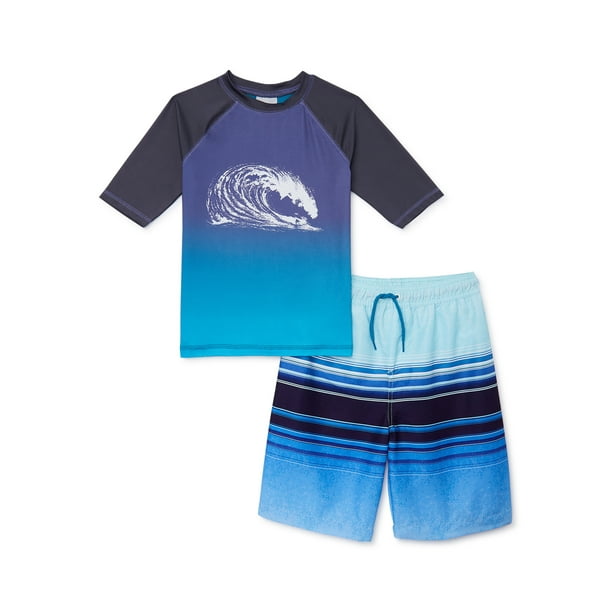 SWIMFIX Boys Short Sleeve Rash Guard and Swim Trunks, 2Piece Swim Set