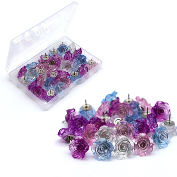48 PCS Flower Push Pins,Cute Decorative Thumb Tacks for Cork Board,Flower Push Pins for Bulletin Board, Photo Wall, Travel Map(Blue,Purple,Pink Clear)