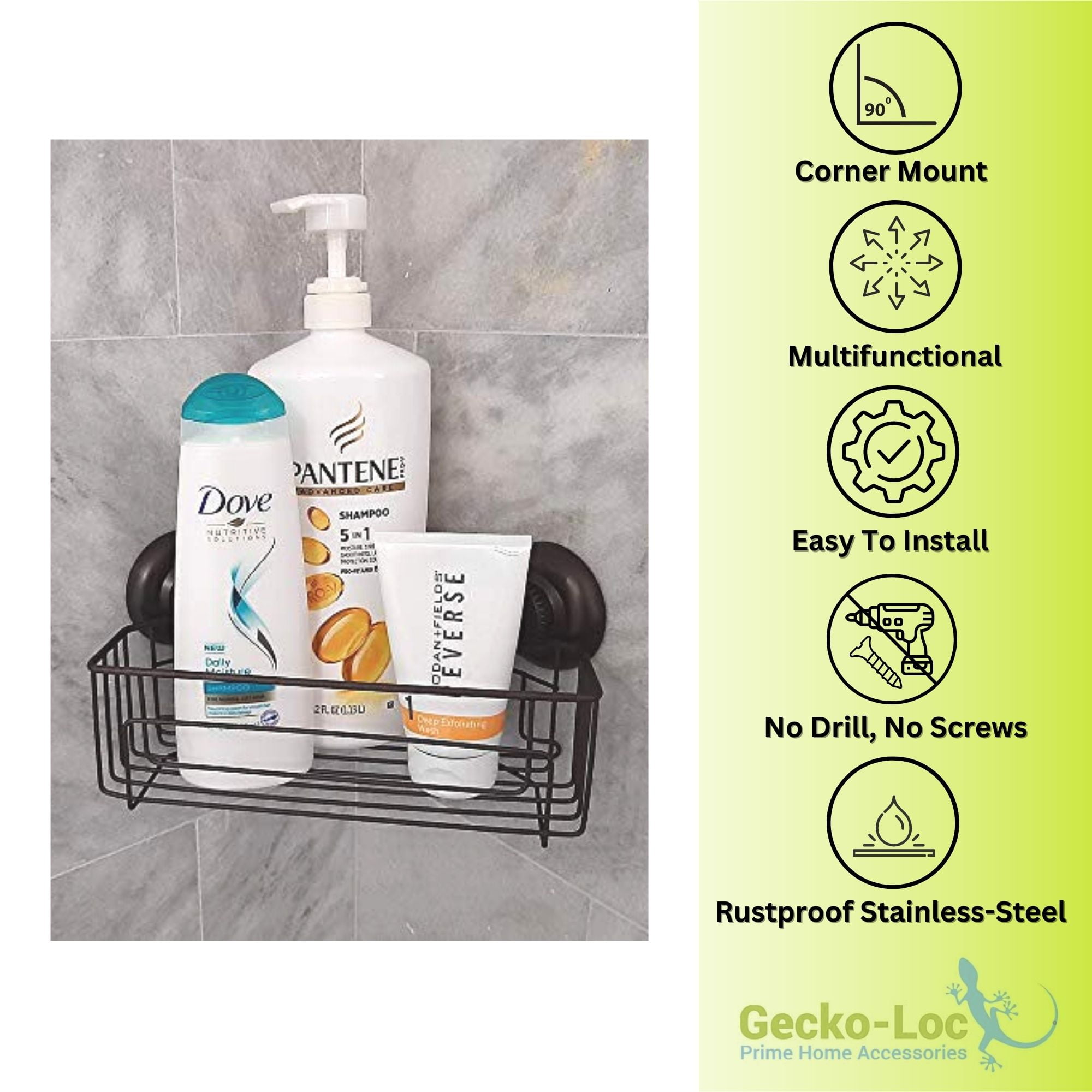Gecko-Loc Corner Bathroom Shower Caddy Shelf Organizer Suction Cup Wall  Storage Basket Shelves Organizers Bath Shampoo Accessories Holder Kitchen