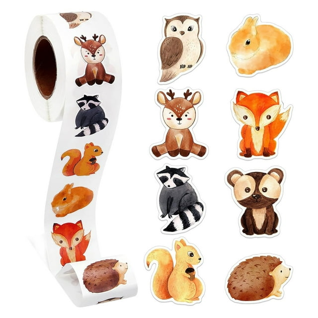 QIPOPIQ 1 Rouleau d'Autocollants Animaux Autocollants de Récompense Mignons Autocollants Espace Animaux Fournitures de Bureau Incitatifs Rouleau Autocollant Animal pour Fête, 500 Pcs Chaque Rouleau (Animal de Forêt)