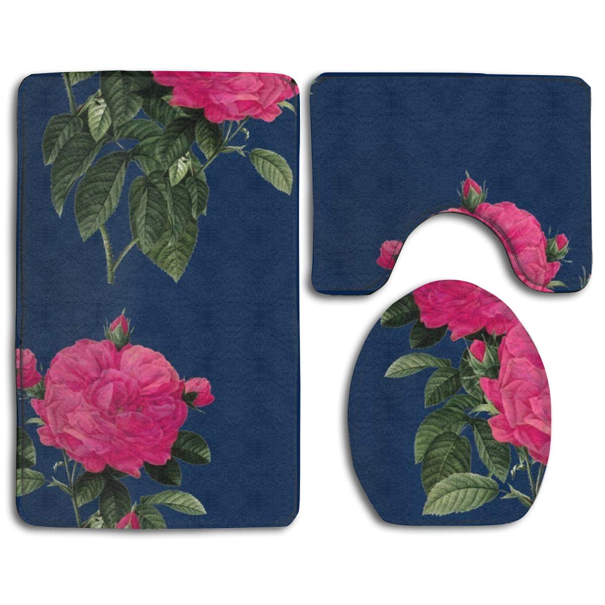 XDDJA Pink Roses 3 Piece Bathroom Rugs Set Bath Rug Contour Mat and