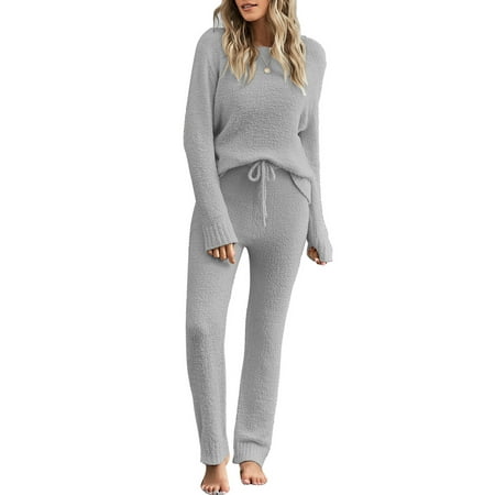 luvamia Women 2 Piece Knit Pajamas Set Long Sleeve Tops & Pants PJs Loungewear Sleepwear, Size S-2XL