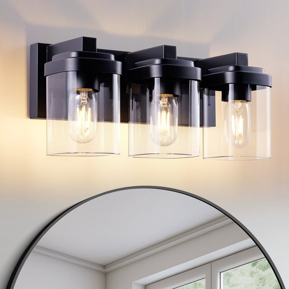 3-Light Black Bathroom Vanity Light, Modern Vanity Lighting Fixture for Bathroom, 15.75" Matte Light Fixture, Wall Sconces with Clear Glass Shade, Black Bathroom Wall Light Over Mirror