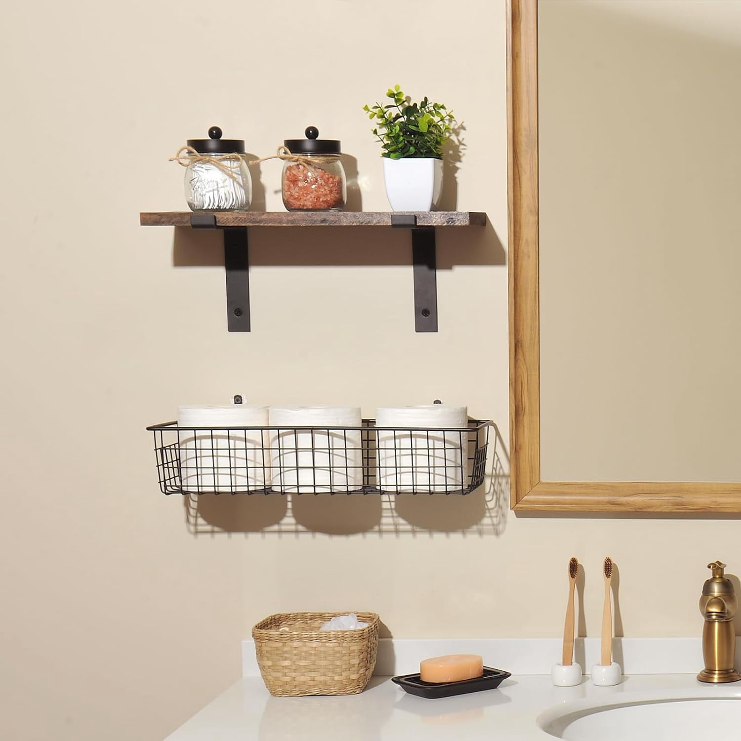 Ahot 6Pcs Bathroom Accessories Set Complete - Toothbrush Holder, Lotion Soap Dispenser, 2 Mason Jars, Soap Dish, Toilet Paper Basket, Rustic Farmhouse Decor (Brown, 6Pcs Bathroom Set)