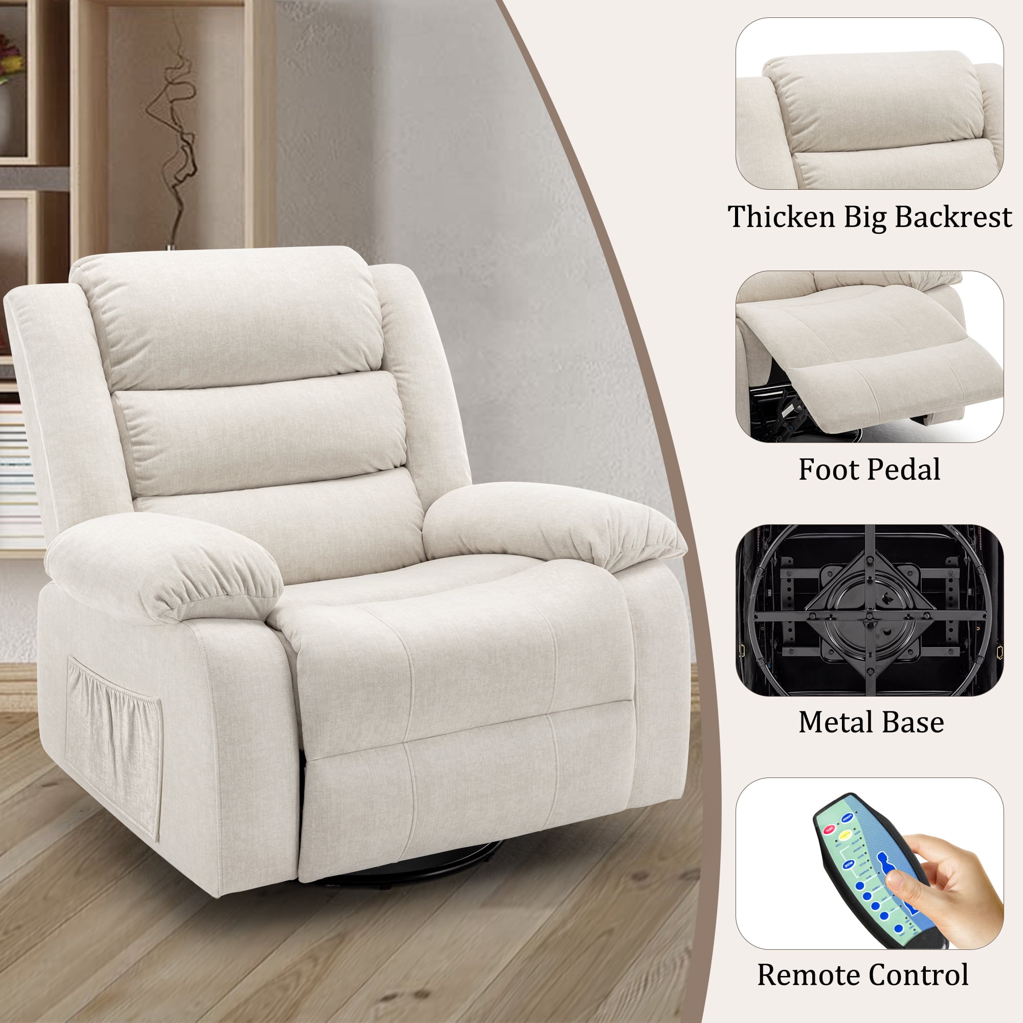 Korser Oversized Swivel Rocker Recliner Chair for Adults 40.6'' Wide for Nursery Living Room,Beige
