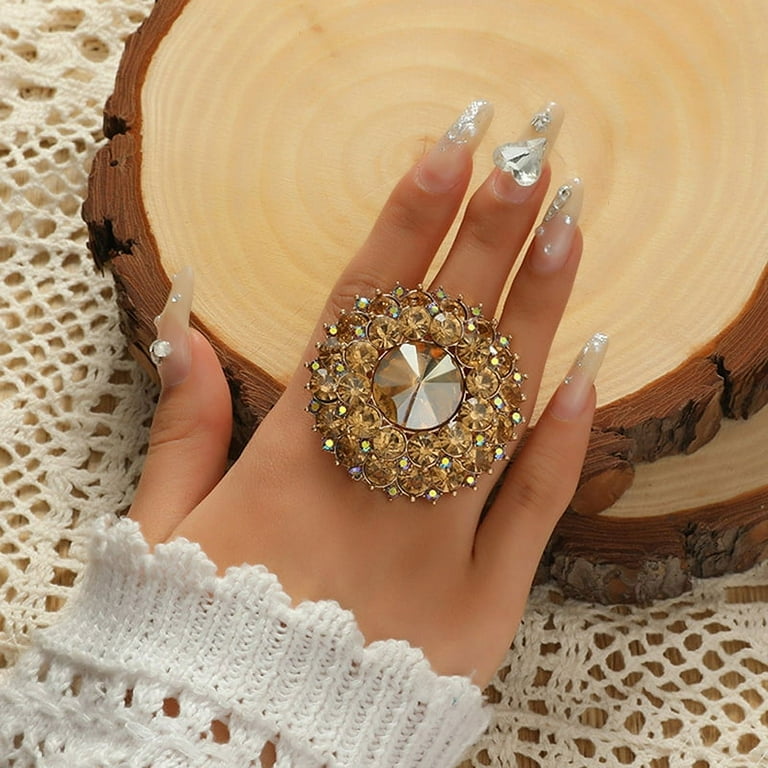 Vintage Crystal Flower Statement Ring - Adjustable Open Band Gold Rhinestone Jewelry