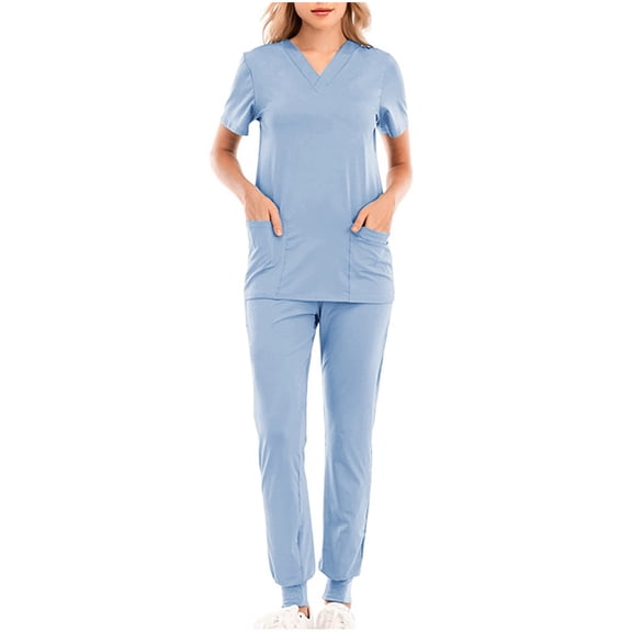 asdoklhq Scrubs for Women Solid Color Loose Drawstring Pants Pocket Caregiver Short Sleeve V-Neck Blouses Nursing Uniform Set Sky Blue XL
