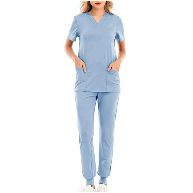 WRKEKC Scrubs for Women Solid Color Drawstring Waist Pocket Pants with Short Sleeve Stretch V-Neck Top Work Uniform