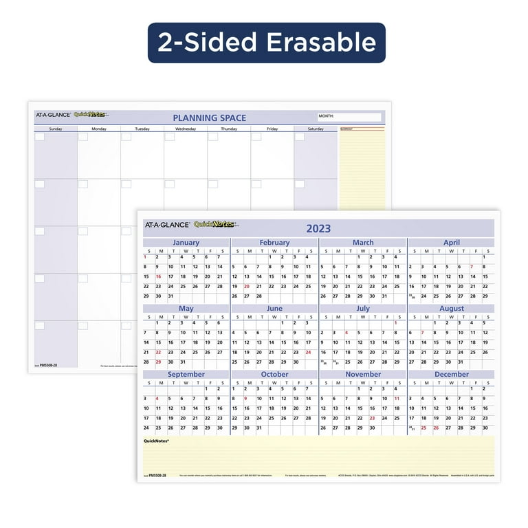 AT-A-GLANCE QuickNotes 2023 RY Erasable Monthly Yearly Wall Calendar,  Reversible, Medium, 16" x 12" - Walmart.com