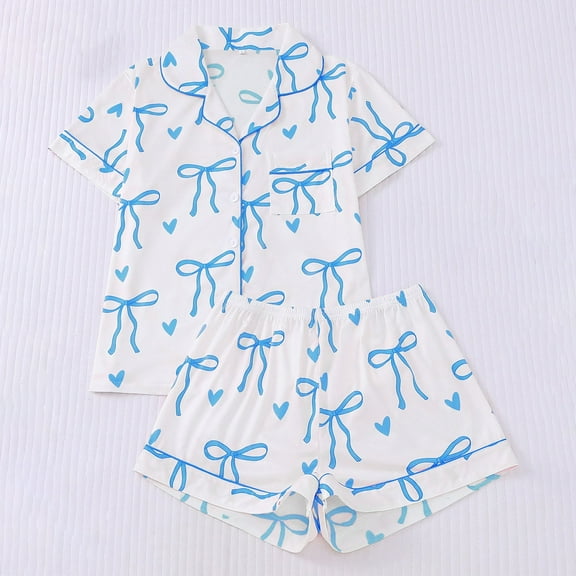 Valentine Pajamas for Women Bow Print Sleepwear Short Sleeve Button Down Shirt and Shorts 2 Piece Pjs Sets Loungewear Blue L
