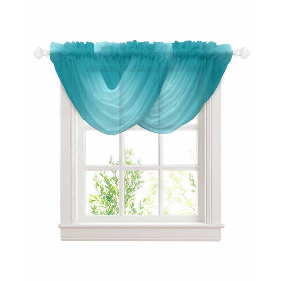 Turquoise Ombre Waterfall Valances for Windows, Farmhouse Teal Gradient Modern Art Kitchen Sheer Valance Curtains, Rod Pocket Elegant Swag Valances for Living Room Bedroom, 47.2"x38.5", 2 Panel