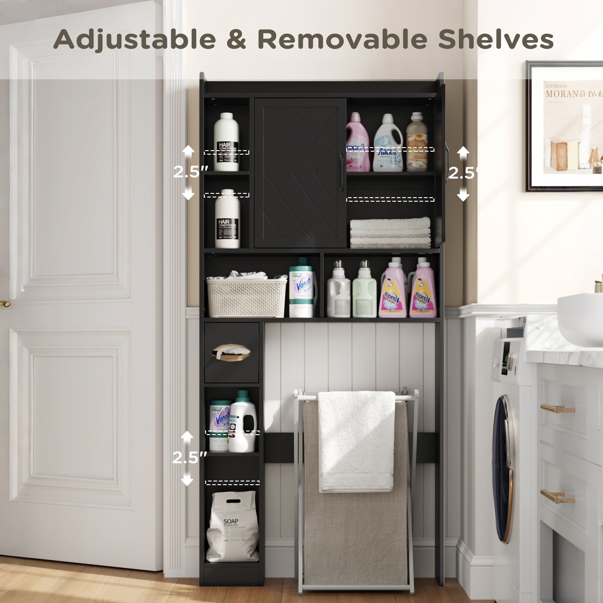 DIYART 67.8" H Over The Toilet Storage Cabinet with Adjustable Shelves & Toilet Paper Holder, Farmhouse Over Toilet Bathroom Organizer, Double Door Toilet Cabinet for Bathroom, and Laundry, Black