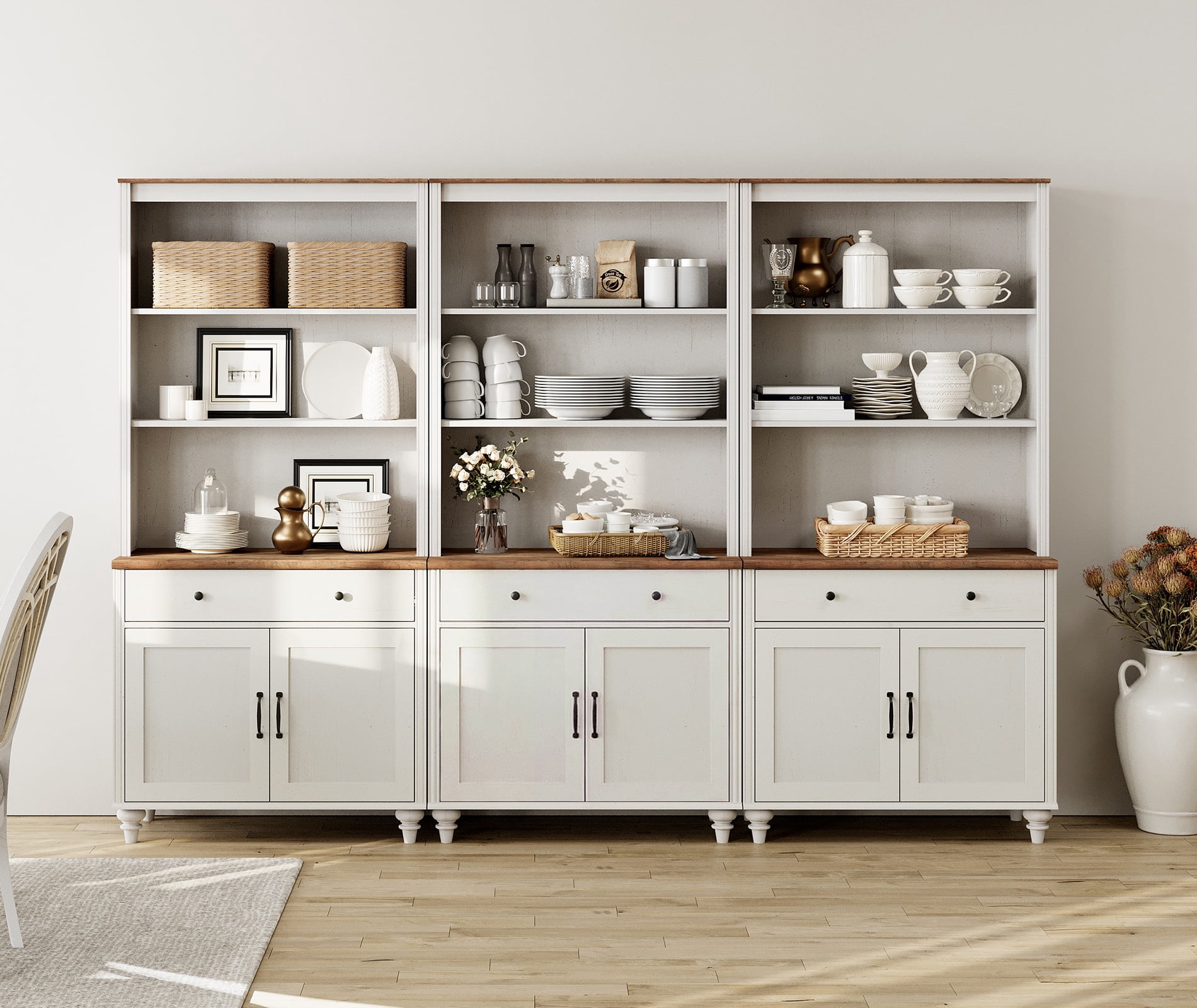 5 Tier Bookshelf 72" Tall Bookcase with Barn Doors, Large Farmhouse Display Book Shelf with 3 Drawers and Storage Cabinet, 3-in-1 Library Wood Bookshelves for Living Room or Kitchen, White