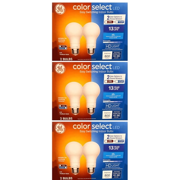 GE (case of 6 Bulbs) Color Select LED Indoor LED Light Bulbs, A19, Relax or Refresh, 2 Color Options on Each Bulb, HD Light, Dimmable, 800 Lumens, 60 watt replacment Unique colorselect LED Light Bulb