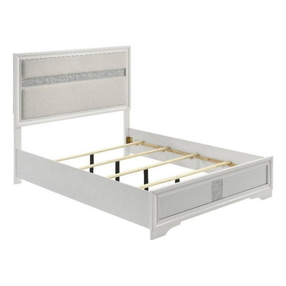 Vino Full Size Bed- Panel Headboard- White Upholstery- Glitter Stripes