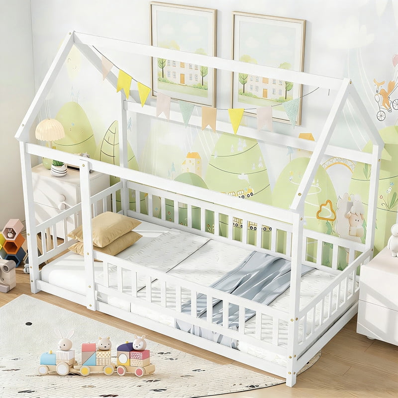 Bellemave Twin Floor Bed, Wood Twin Size House Bed Frame with Fence, Montessori Floor Bed for Bedroom (White)