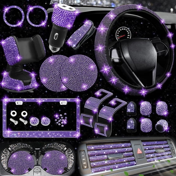 27 Pieces Bling Car Accessories Set for Women, Steering Wheel Covers Universal Fit 15 Inch, Bling Car Coasters, Bling License Plate Frame, Bling Phone Holder, Purple Violet Diamond