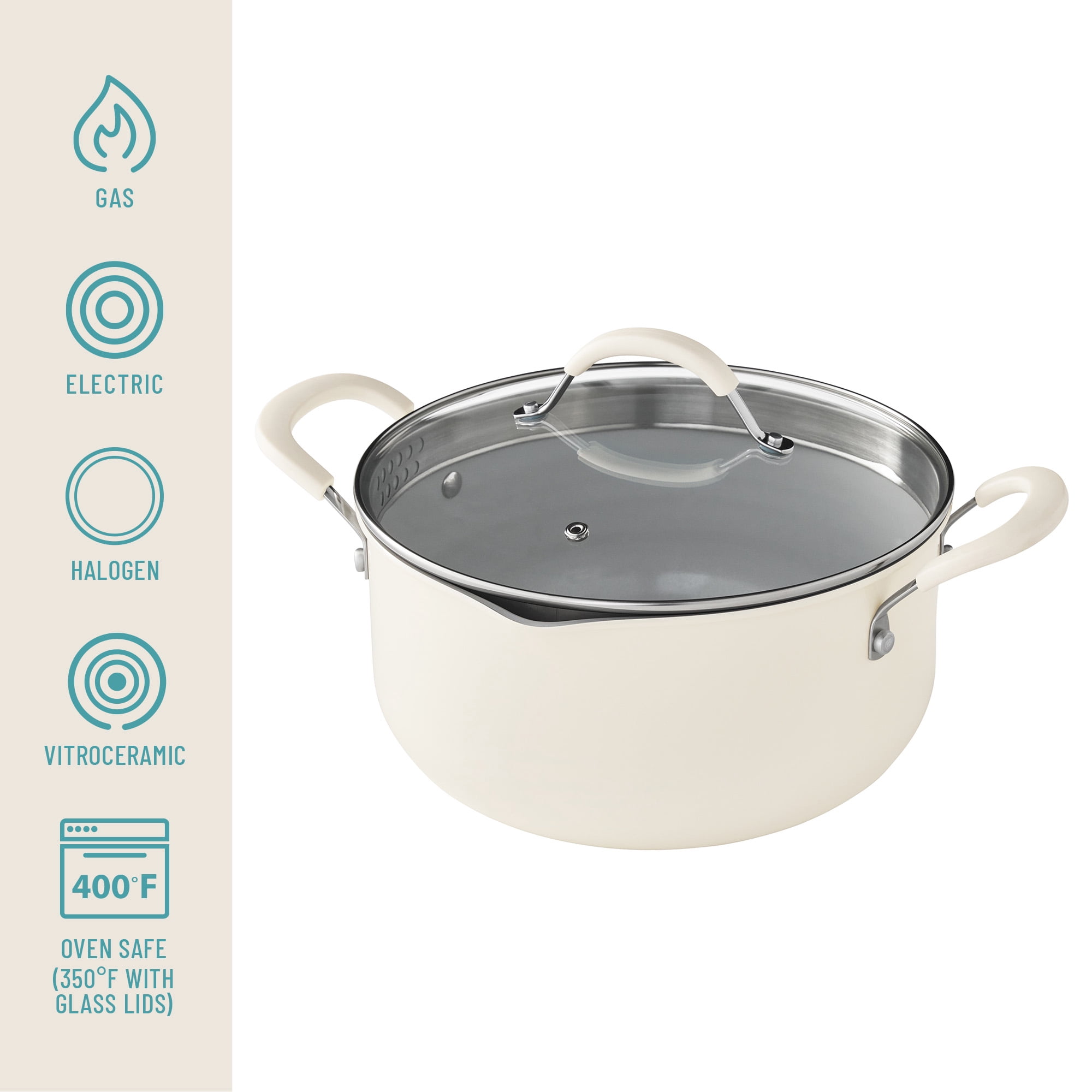The Pioneer Woman Sutton 17-Piece Ceramic Cookware Set with Strainer Lids and Cookie Sheet with Rack, Cream