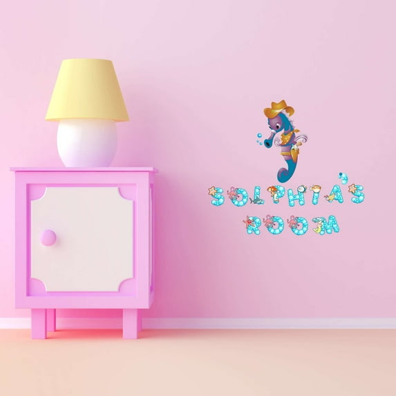 Cowboy Cowgirl Seahorse Bubble Letters Personalized Name Beach Starfish Octopus Fish Ocean Shark Sea Greatwhale Bass Boat Dolphins Whale Holiday Decorating Wall Decal Sticker - Size: 30 In X 27 In