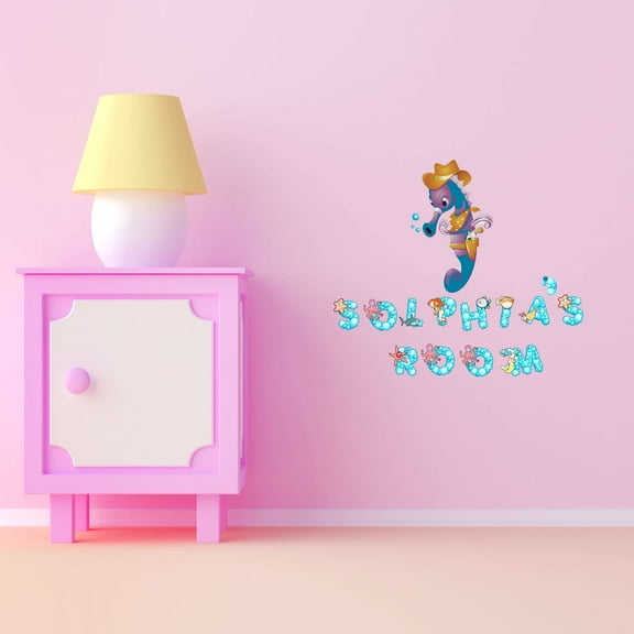 Cowboy Cowgirl Seahorse Bubble Letters Personalized Name Beach Starfish Octopus Fish Ocean Shark Sea Greatwhale Bass Boat Dolphins Whale Holiday Decorating Wall Decal Sticker - Size: 20 In X 18 In