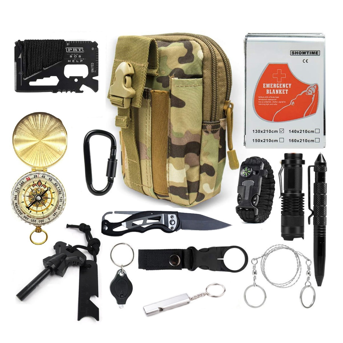 Sirius Survival Utility Emergency Kit 15 in 1 - Survival Kit for Camping, Hiking, Hunting & Fishing - Tan