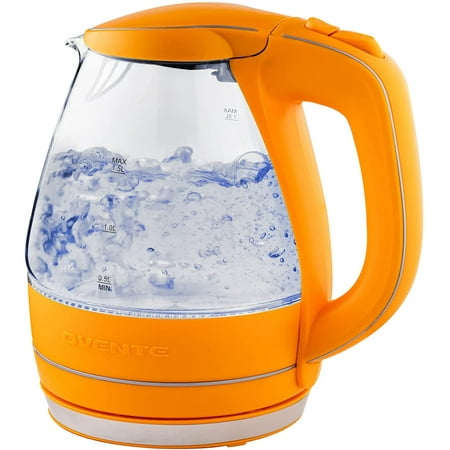 

Ovente Portable Electric Glass Kettle 1.5 Liter with Blue LED Light and Stainless Steel Base Fast Heating Countertop Tea Maker Hot Water Boiler with Auto Shut-Off & Boil Dry Protection Orange KG83O
