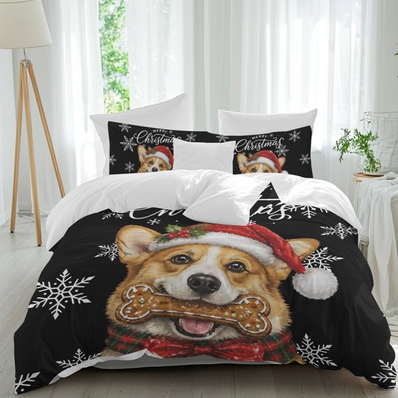 Duvet Cover Twin Size 3 Piece Bedding Set, Christmas Dog Snowflake Cute Soft Breathable Comforter Cover with 2 Pillow Shams, Black Luxury Duvet Covers with Zipper Closure