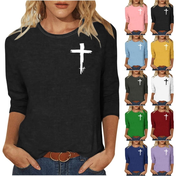 Aboser Jesus Cross Shirts for Women 3/4 Sleeve Ribbed Knit Shirt Comfy Soft Round Neck Blouses Solid Color Holiday Tops