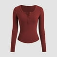 thumbnail image 2 of Htigea Women's Long Sleeve Henley T Shirts Button Ribbed Knit Slim Fit Casual Basic Tops Blouse Wine XL, 2 of 6