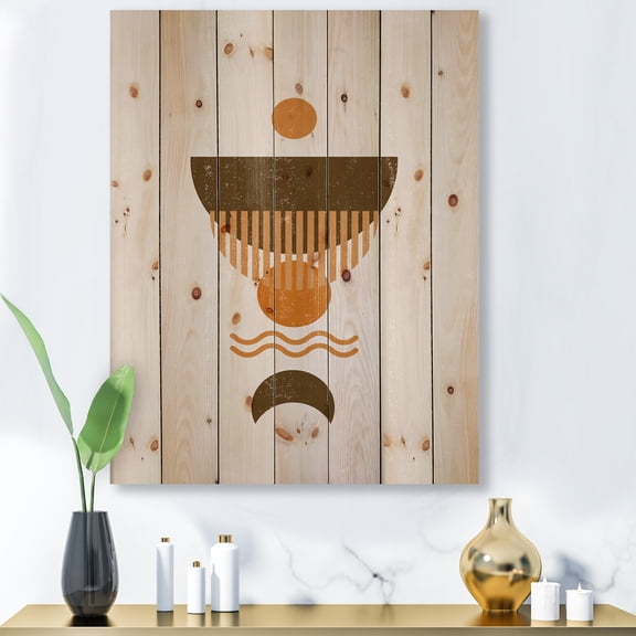Designart 'Abstract Minimal Brown Moon and Orange Sun' Modern Print on Natural Pine Wood