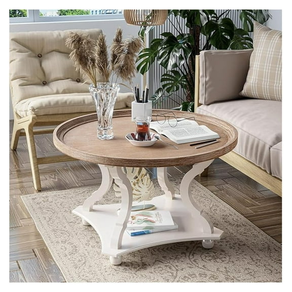 Round Farmhouse Coffee Table with Tray Top, White Rustic Coffee Table for Living Room, Small Space Accent Table with Storage, Circle Coffee Table