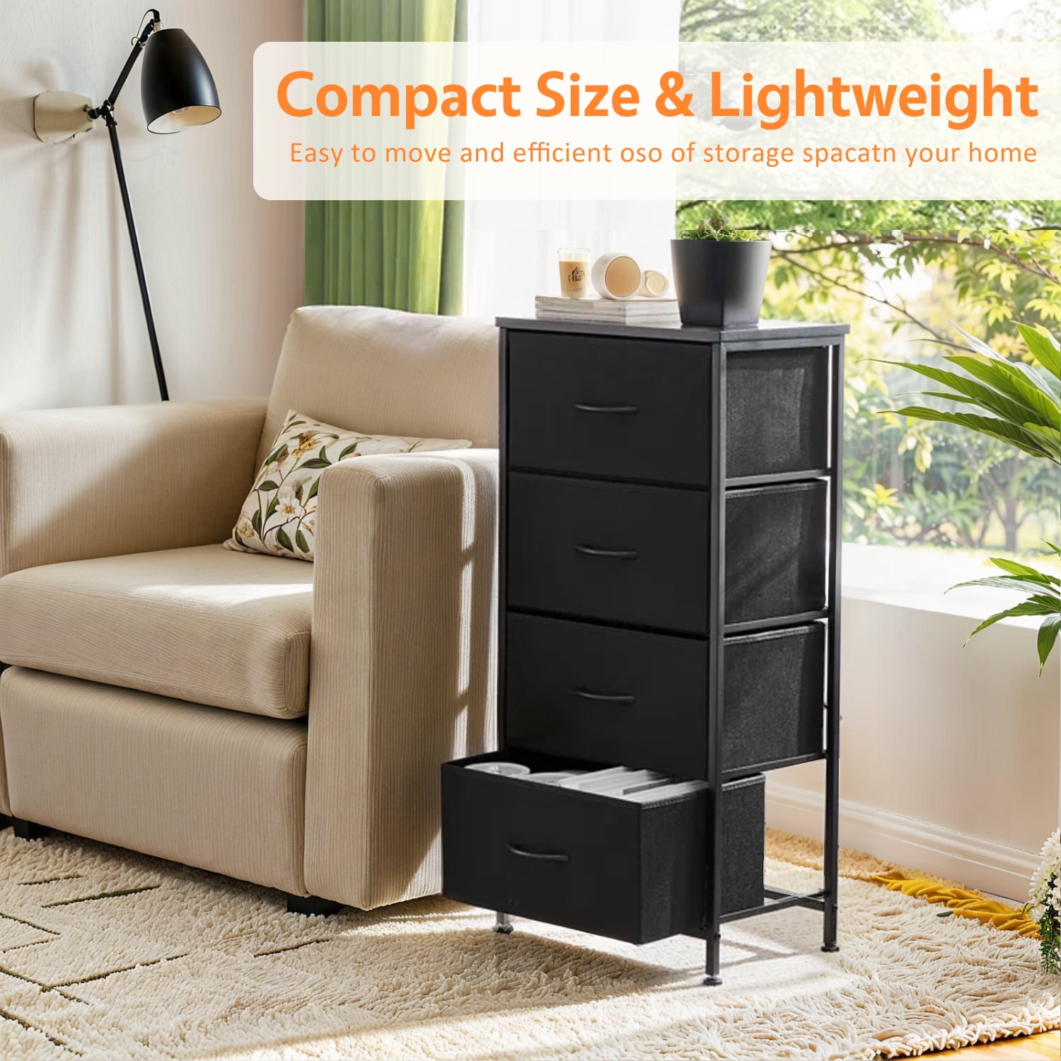 Modern 4 Drawer Fabric Dresser, Chest of Drawer Organizer Storage Cabinet for Bedroom Clothes Closet, Entryway,Black