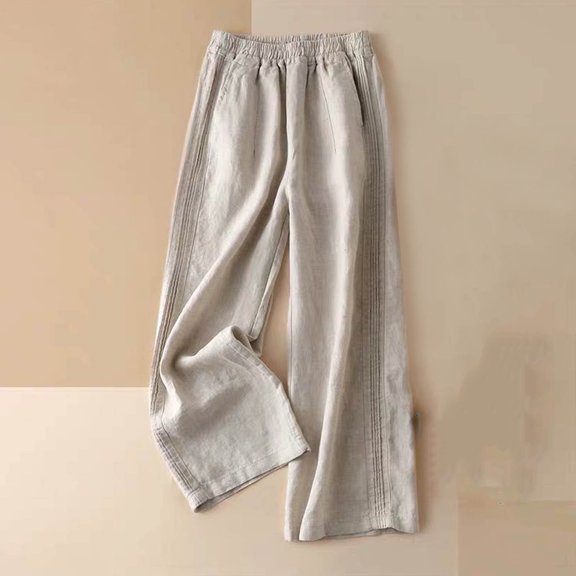 ClodeEU Women's Elastic Solid Color High Waist Thin Straight Leg Long Pants,Casual Loose Long Pant With Pockets Beige,Womens Plus XXXL