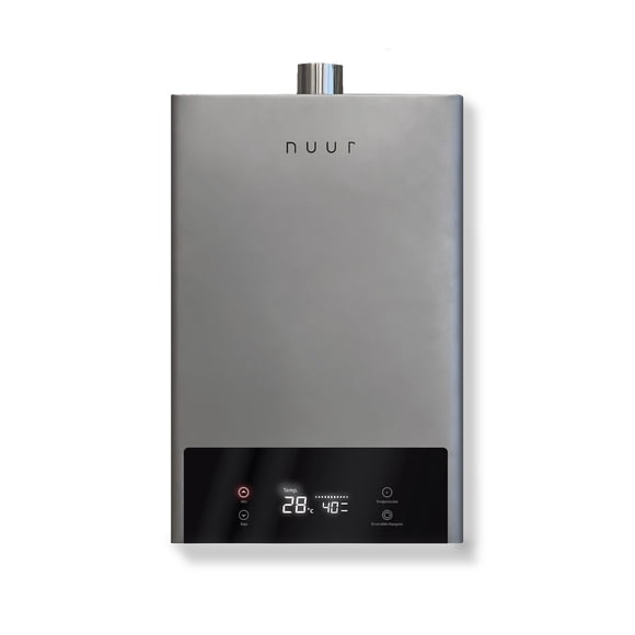 Nuur - Calentador de Agua de Paso Modulante Gas LP para 2.5 Servicios (Ahorra hasta 80% de Gas), Display Digital, Encendido Automático, Alta y Baja Presión, Compatible con Calentador Solar - CAMOD14LP
