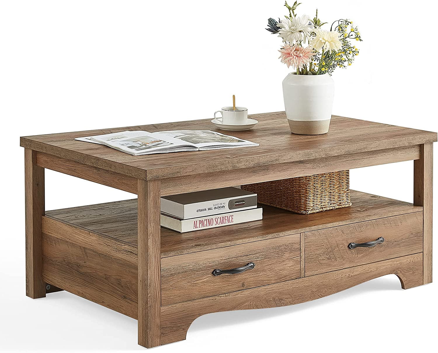 LINSY HOME Coffee Table with Storage Drawers, Wooden Farmhouse TV Stand Center Table for Living Room, Brown