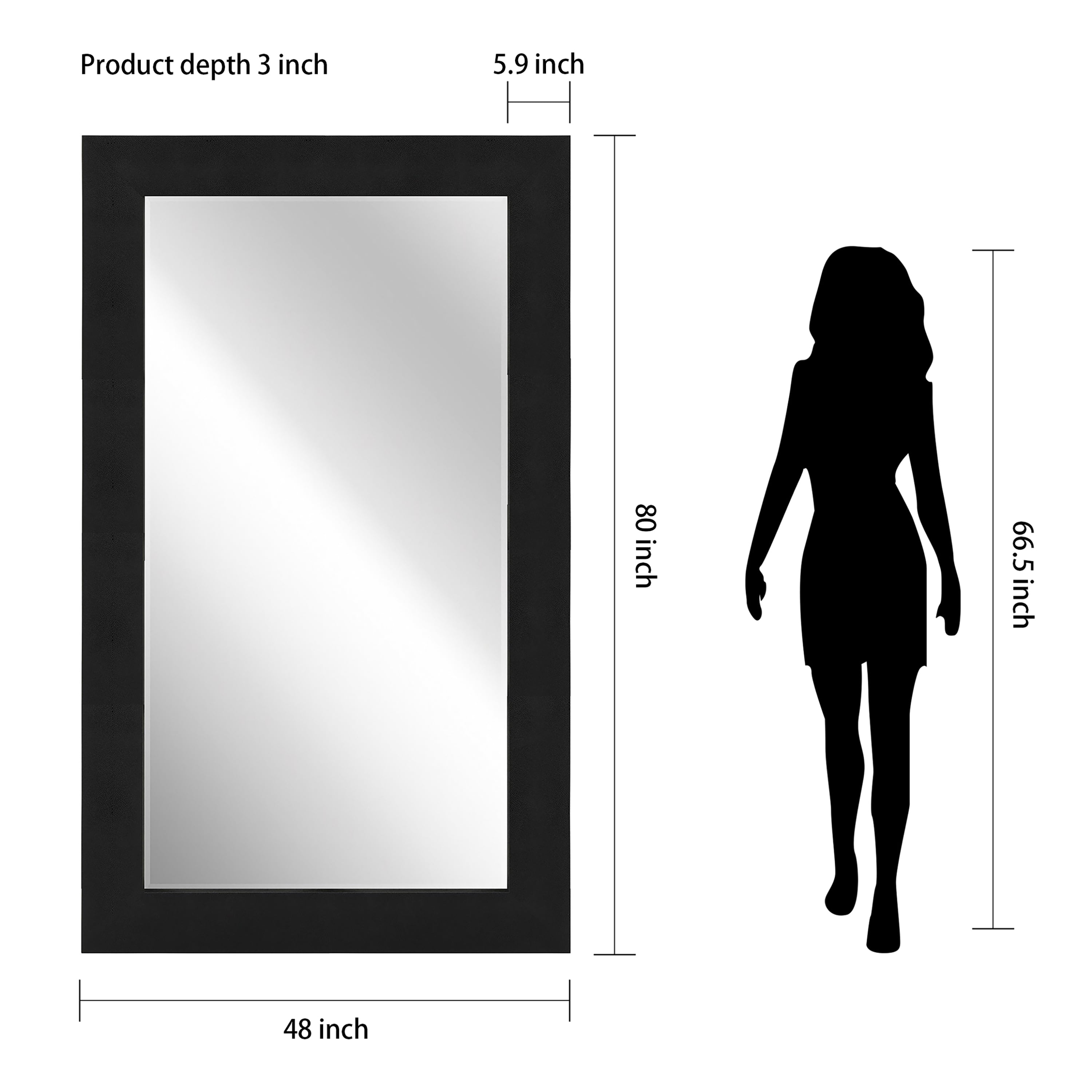 Empire Art Direct Black on Black Metallic Shagreen Leather Framed Beveled Mirror, 80" x 48"