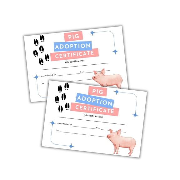 Pig Adoption Certificate 30pk 9.6 Cardstock Animal Farm Birthday Party Show Sow Promise to Care for Owner Agricultural Competition