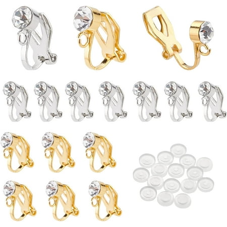16Pcs 2 Style Brass Clip-on Earring Findings with Crystal Rhinestone with Loop Platinum & Golden Earring Findings: 7~7.5x14~15x5~6mm Hole: 1.5mm 8Pcs/style