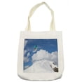 thumbnail image 1 of Winter Tote Bag, Flying Snowboarder on the Mountaintop with Cloudy Sky Extreme Sports Theme Photo, Cloth Linen Reusable Bag for Shopping Books Beach and More, 16.5" X 14", Cream, by Ambesonne, 1 of 2