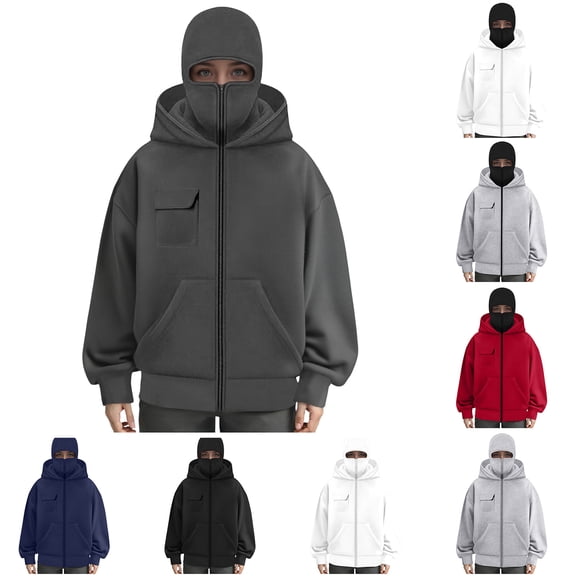 larppty Balaclava Jacket Zip Up Fashion Double Layer Hoodie Hip Hop Outerwear Jacket Y2K Clothing for Men and Women Red, XXL