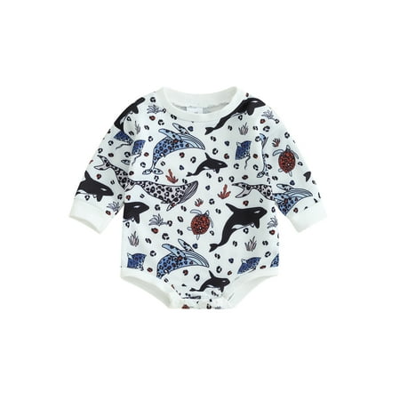 

Biekopu Baby Girls Boys Autumn Loose Romper Long Sleeve Crewneck Ocean Animal Print Casual Romper