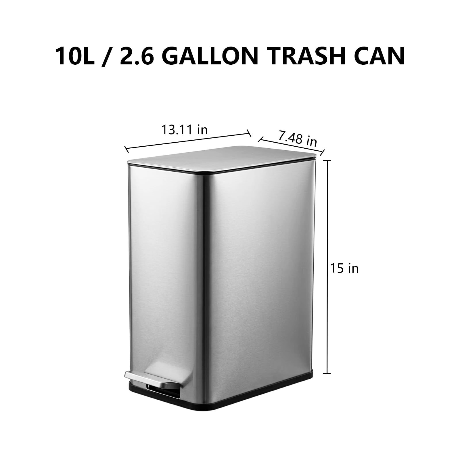Simplykleen 10L/2.6 Gallon Rectangular Step Trash Can Stainless Steel with Removable Inner Bucket for Kitchen Bathroom Silver