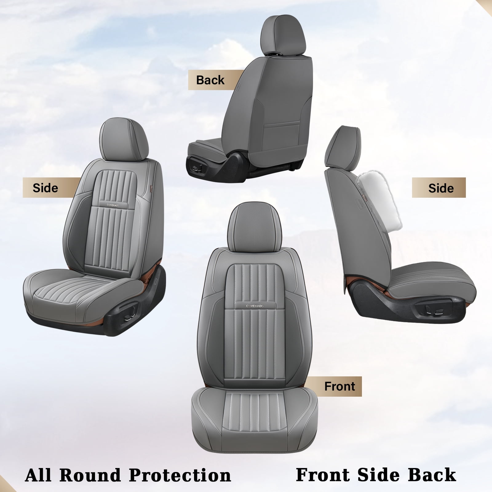 Coverado Car Seat Covers 2 Seats, Waterproof Faux Leather Front Seat Protectors, Auto Interior Cushions Universal Fit for Most Cars, Gray