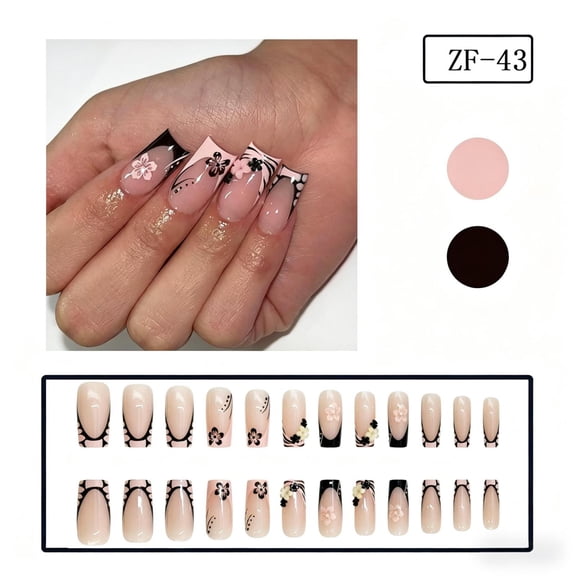 Black French Press On Nails, 24Pcs Nude False Nail Tips, Color Block Flower Design Full Cover Fake Nails, Reusable Wearable Nail Art, Easy Apply Manicure for Women Daily Party Use