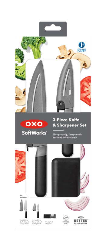 OXO 3-Piece Kitchen Knife and Knife Sharpener Set, Stainless Steel Prep Knives for Everyday Food Prep