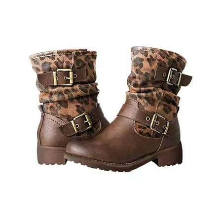 

Tenmix Womens Comfort Low Calf Boots Casual Non-slip Buckles Winter Shoes Work Slouch Booties Leopard 4.5